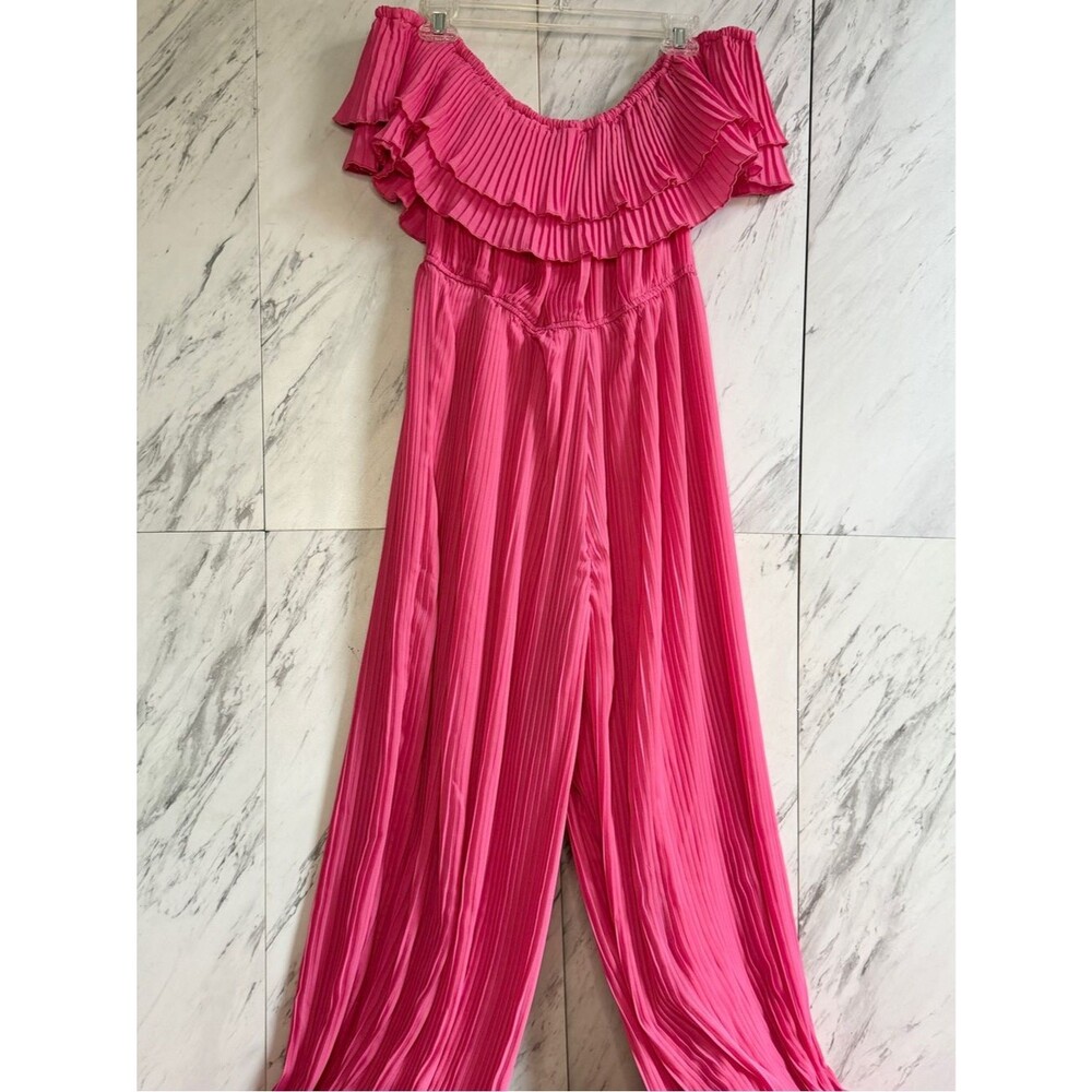 Nasty Gal Hot Pink Pleated Off The Shoulder Ruffle Wide Leg Jumpsuit Womens 10 - Picture 6 of 7